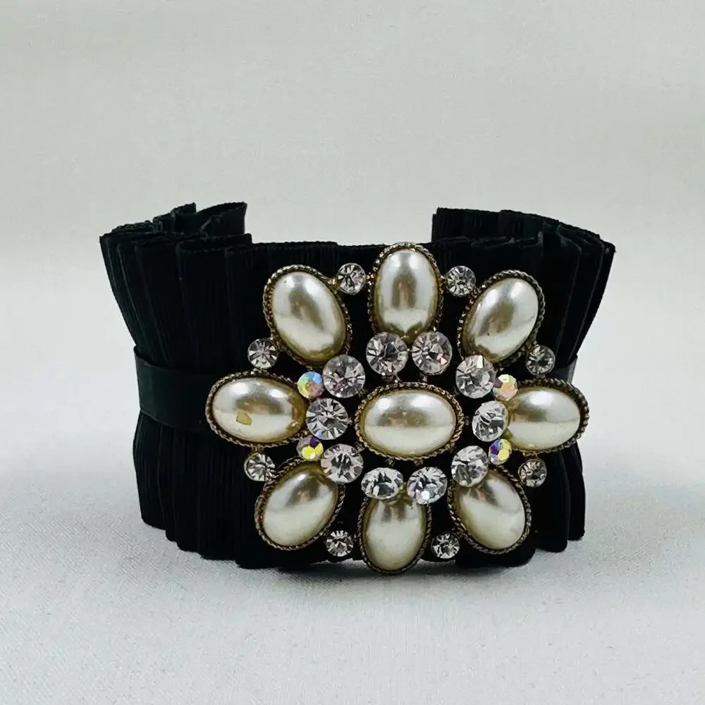 Black Pleated Ribbon Cuff Bracelet Cream Faux Pearl Rhinestone Costume Jewelry